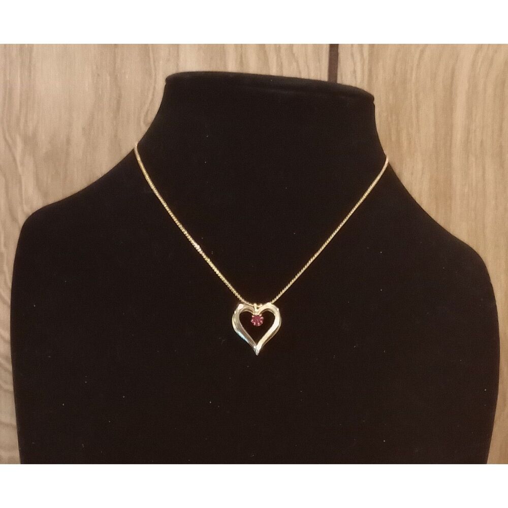 Vintage Prong Set Red Rhinestone Gold Tone Heart 16" Pendant Necklace